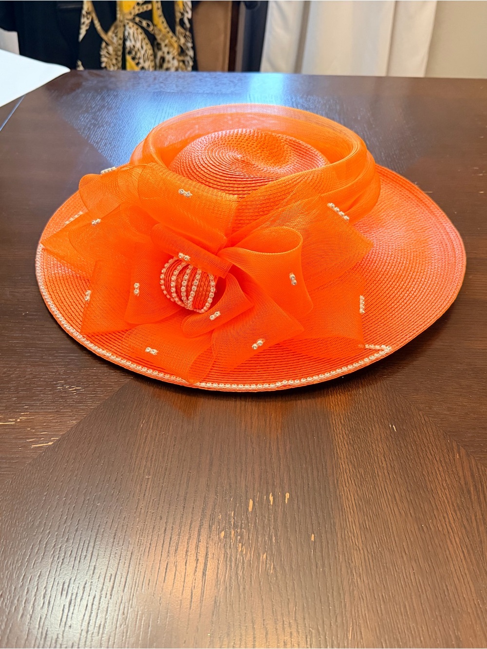 Elegant Orange Wide-Brim Women’s Decorative Hat